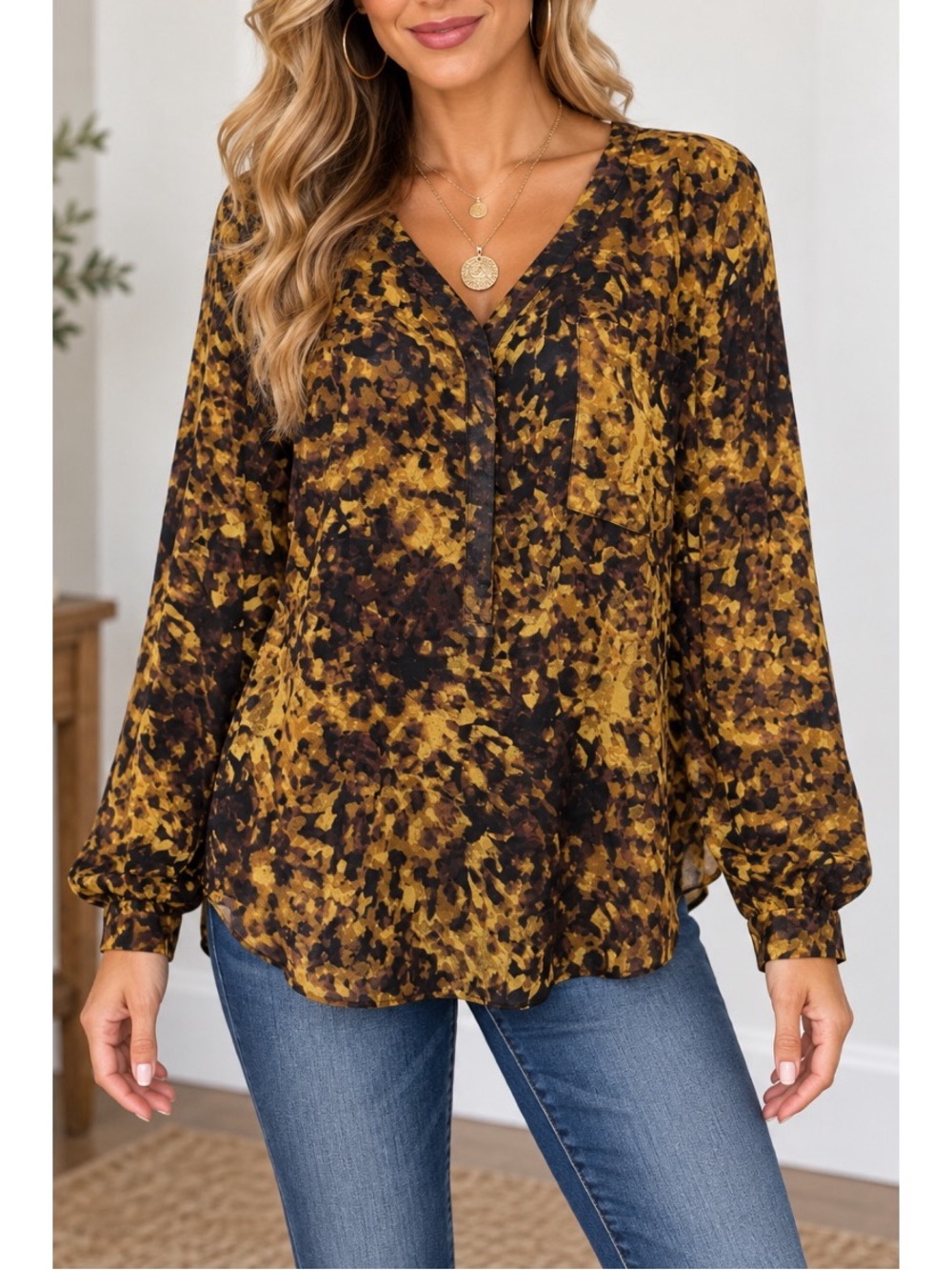 Merona Abstract Print V-Neck Blouse – Size Medium
